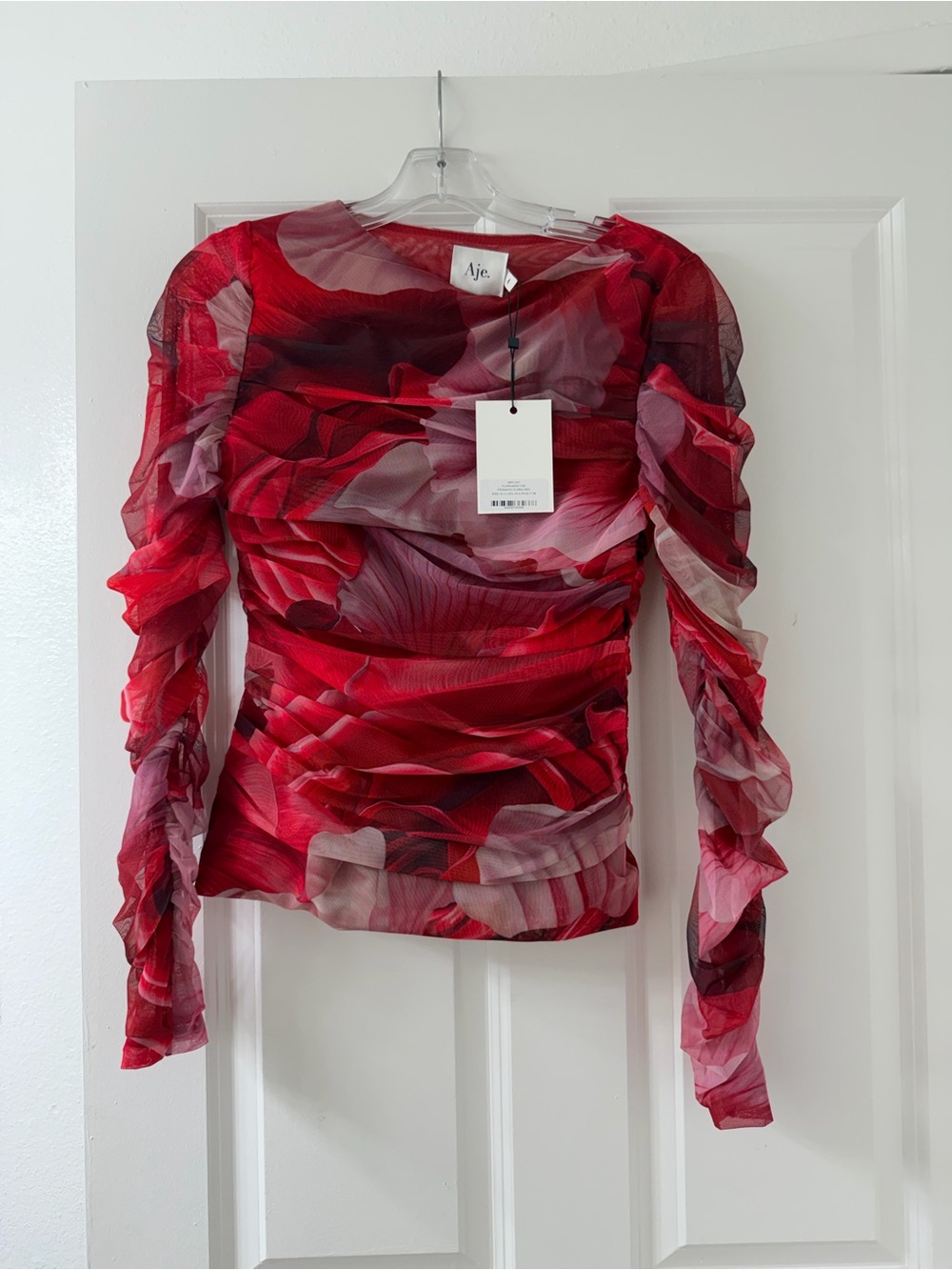 Aje Red and Pink Ruched Long Sleeve Sheer Top